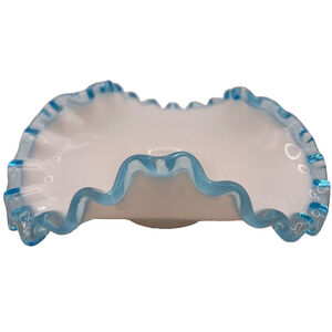 Vintage Fenton Aqua Crest Glass Bon Bon Candy Dish with Ruffled Edge 5.75” USED